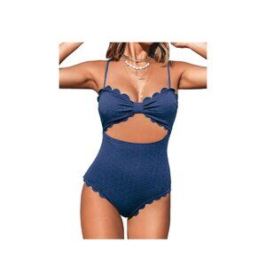 Cupshe - 1 pc. Black Knotted Scalloped Trim Cutout swimsuit - Medium Dark Blue